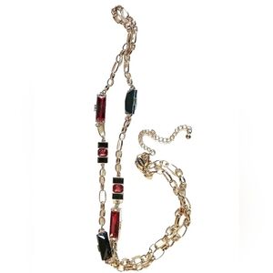 Chico's gold-tone chain necklace with red and black rectangle stones